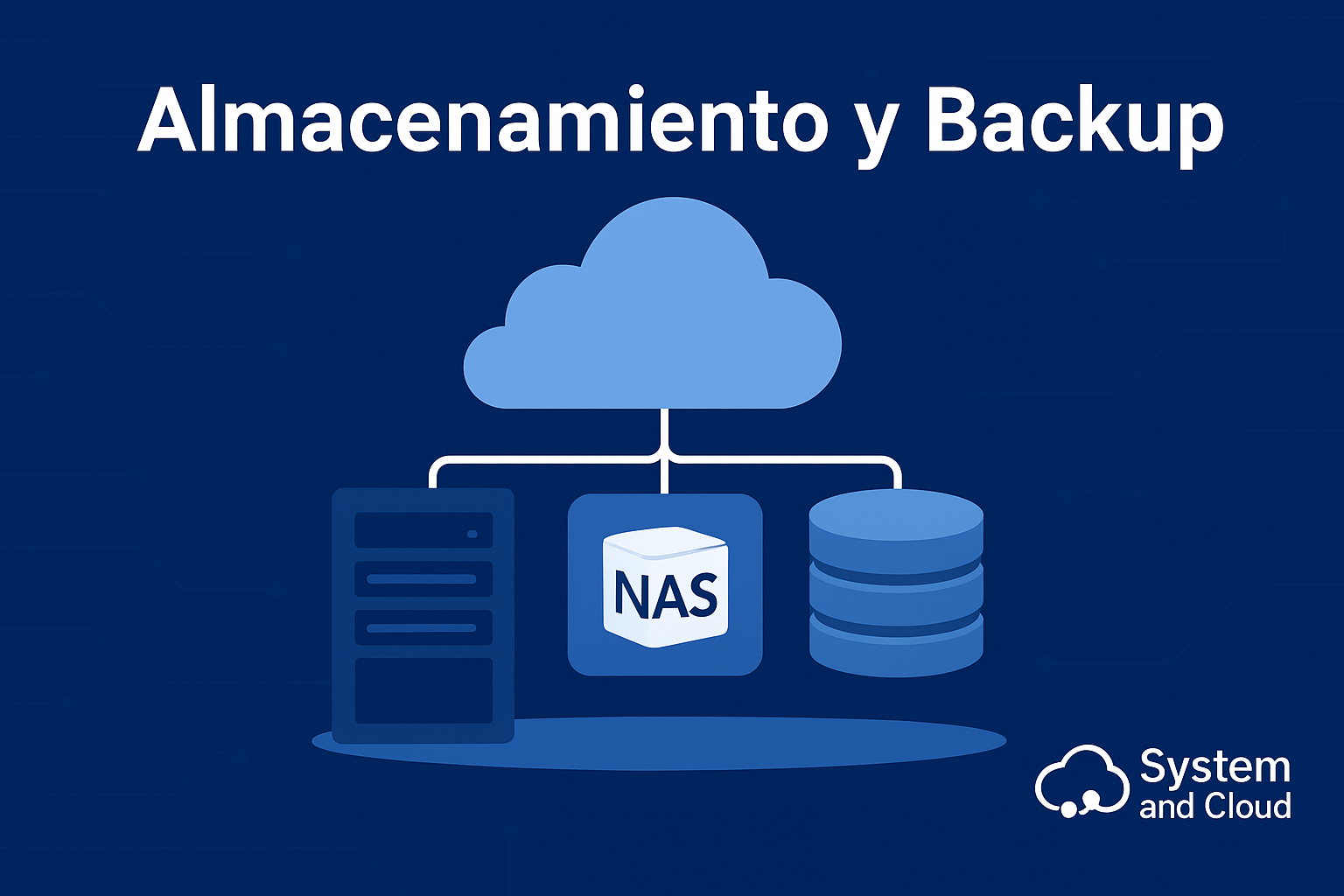 Ilustración digital sobre almacenamiento y backup con servidores, NAS, SAN y nube, creada por System and Cloud